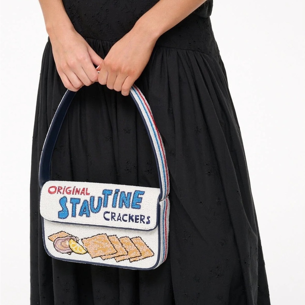 STAUD Original Crackers Embroidered White and Blue Shoulder Bag - Picture 2 of 6